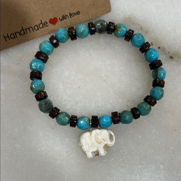 Turquoise and Brown Beaded Bracelet with Elephant Charm - Picture 2 of 3